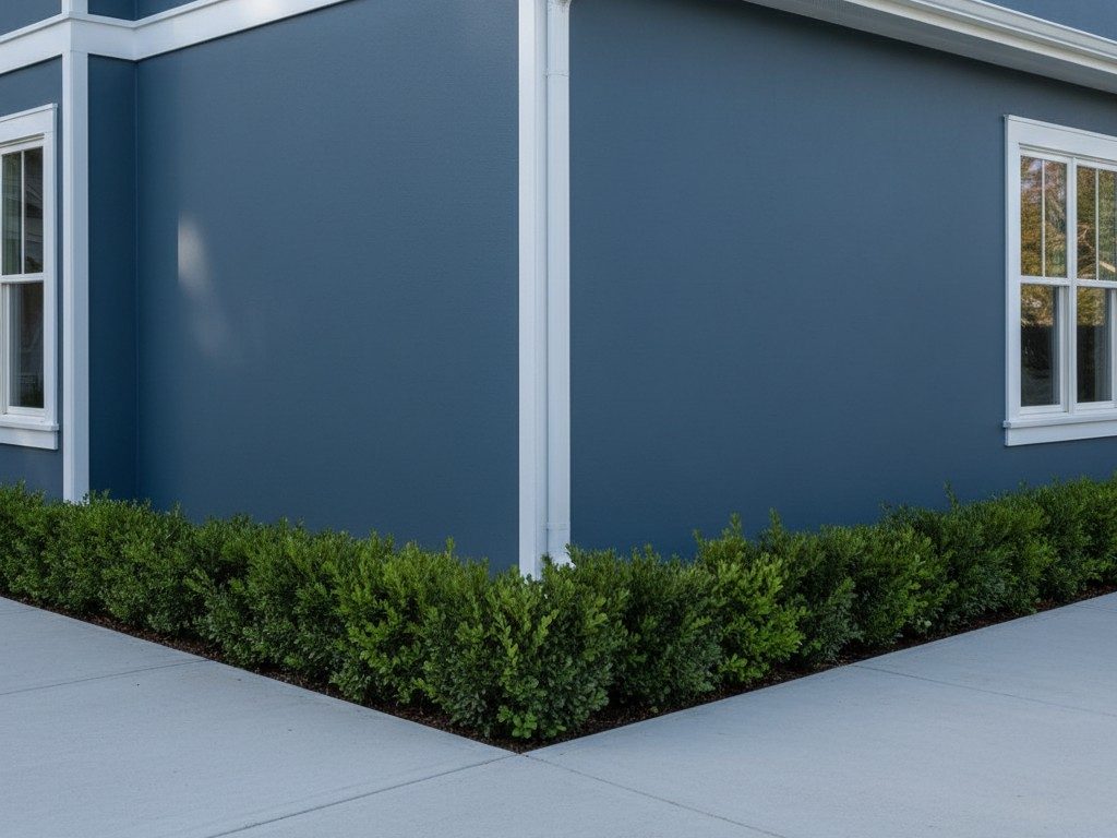 A residential building corner with attached gutters and landscaping.