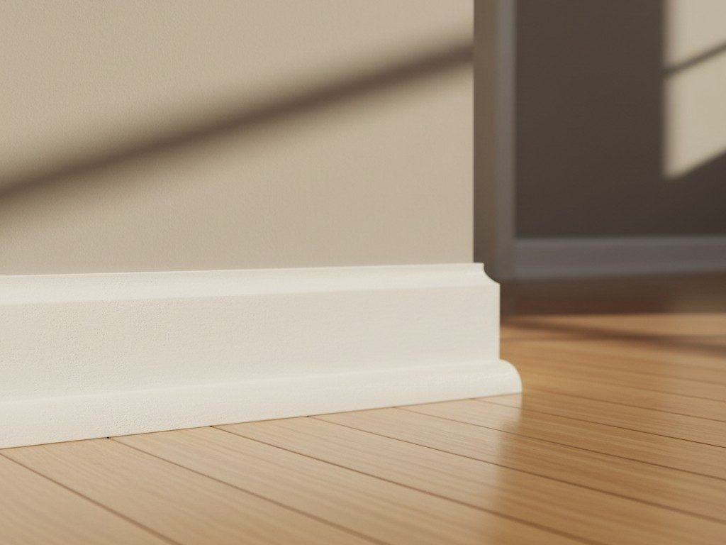 A photograph of an interior room with the corner of a wall featuring a white base molding, where its top part is curved to...